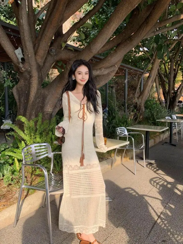 

Spring Summer French Retro Beige Elegant V Neck Long Sleeve Lace-up Dress Women's Clothing New Hollow Out Vacation Dress Popular