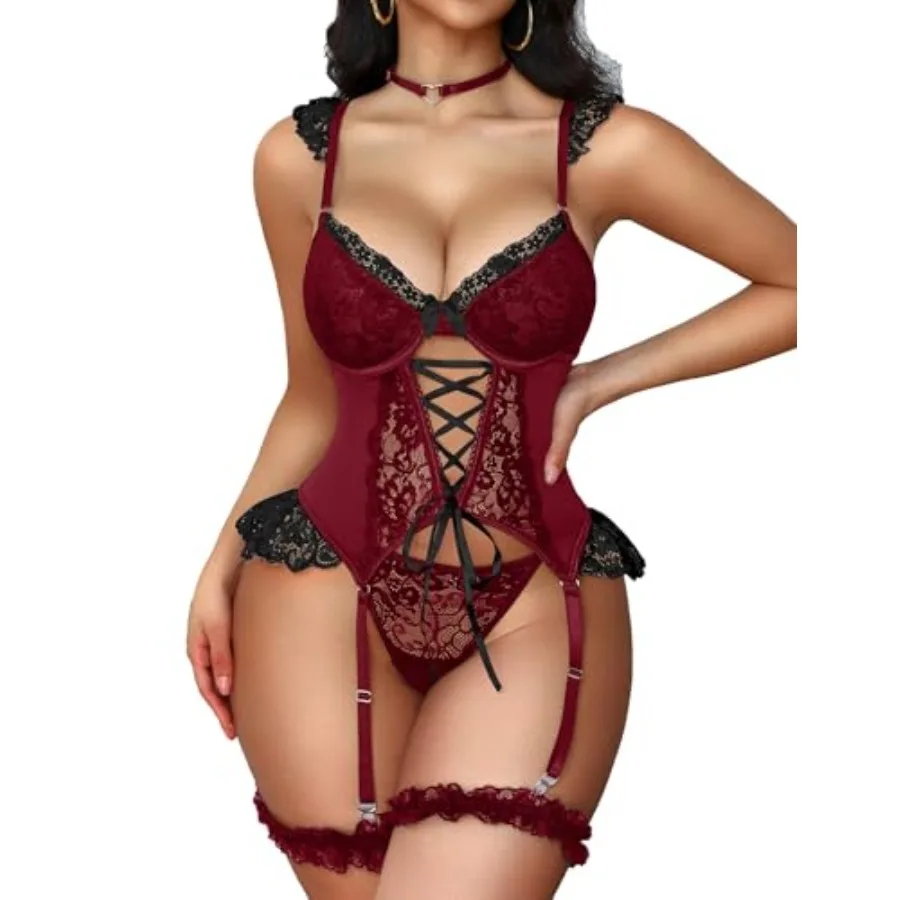 

Mixxmix Sexy Lingerie for Women Lace Corset Underwire Bodysuit Teddy with Panty Garter Lingerie Sets Rave Outfits