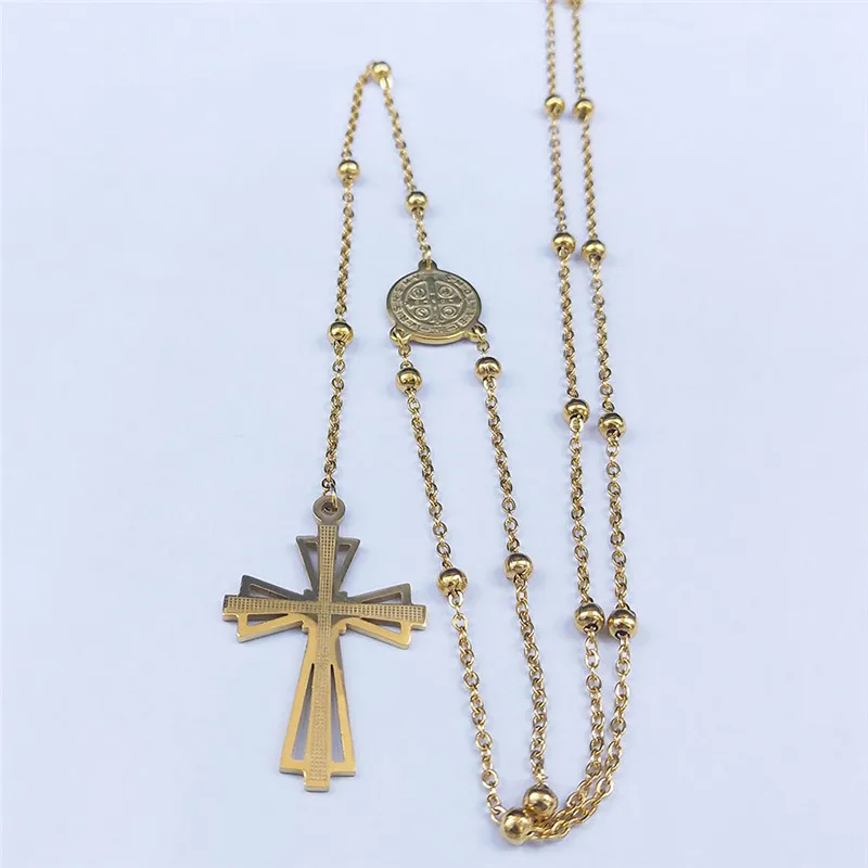 Cross Rosary Catholic Hollow Necklace Saint Benedict Stainless Steel Women Gold Color Beads Long Necklaces Jewelry Gift N1165S05