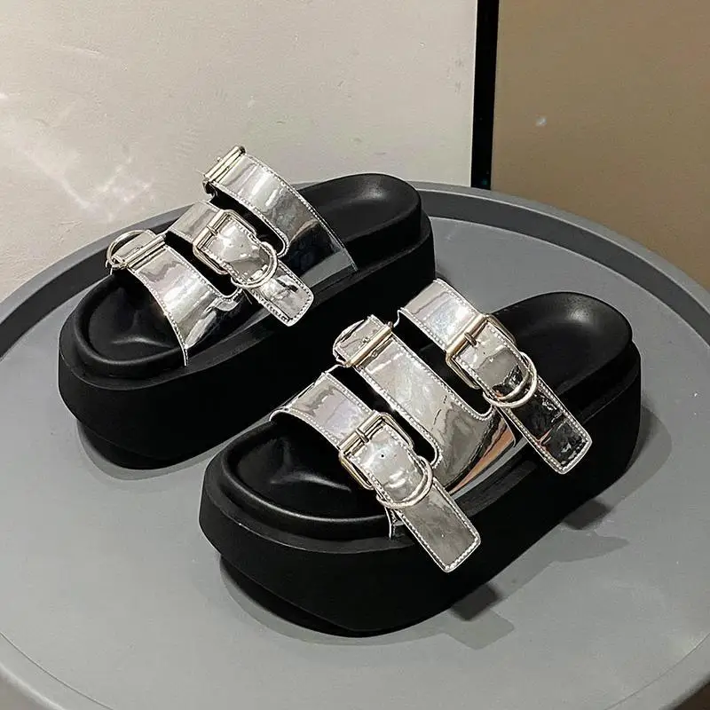 Women's Metallic Three Buckle Strap Chunky Platform Slide Sandals Slip on Non Slip Trendy Summer Daily Outdoor Footwear Drop