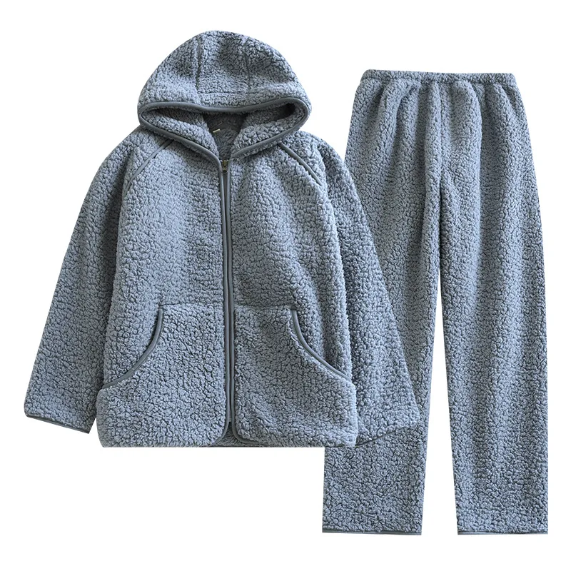 Winter Lamb Fleece Hooded Pajama For Women Warm Cardigan Zipper Home Sleepwear Solid Loose Big Pocket Female Nightclothes Autumn