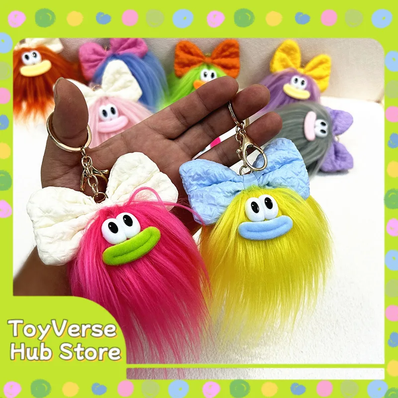 Ugly Cute Plush Doll Keychain With Bow, Funny Cartoon Backpack Charm For Purse Zipper Keys, Novelty Bizarre Gift
