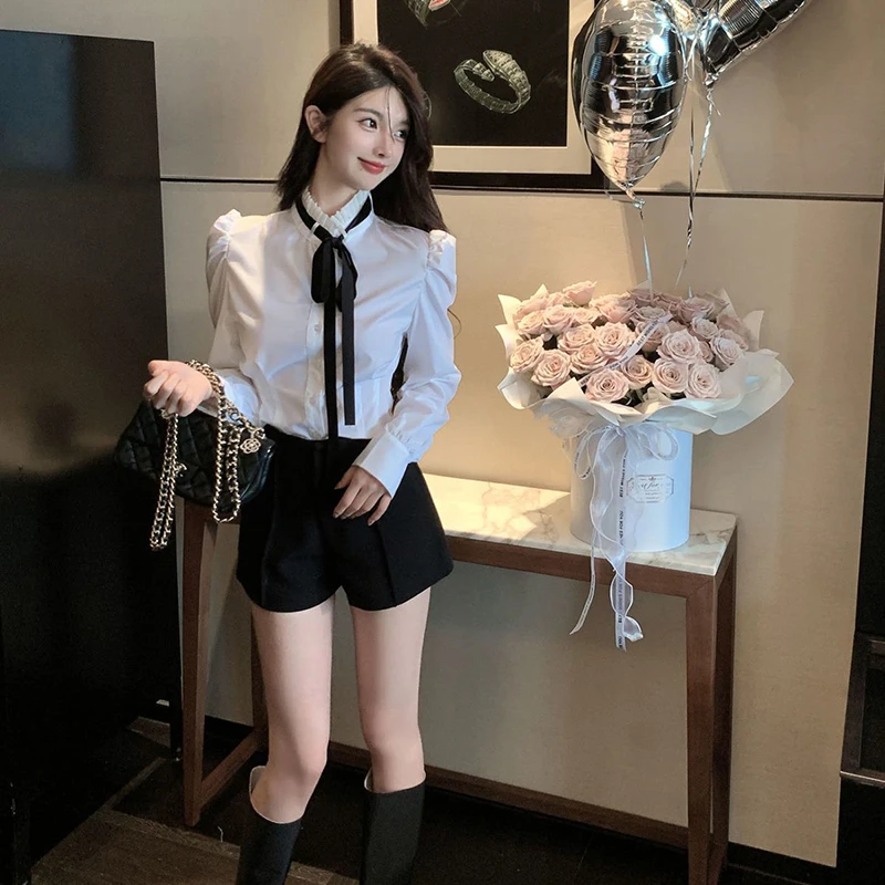 White Shirts Women Jk Preppy Tie Puff Long Sleeve Blouses Student Lolita Office Lady Korean Ruffles Slim All Match Crop Tops New