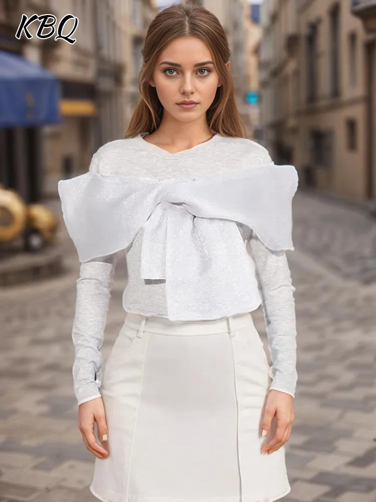 

KBQ Casual Patchwork Sheer Mesh Shirts For Women Round Neck Long Sleeve Sweet Solid Shirt Female Fashion Spring Clothing Style