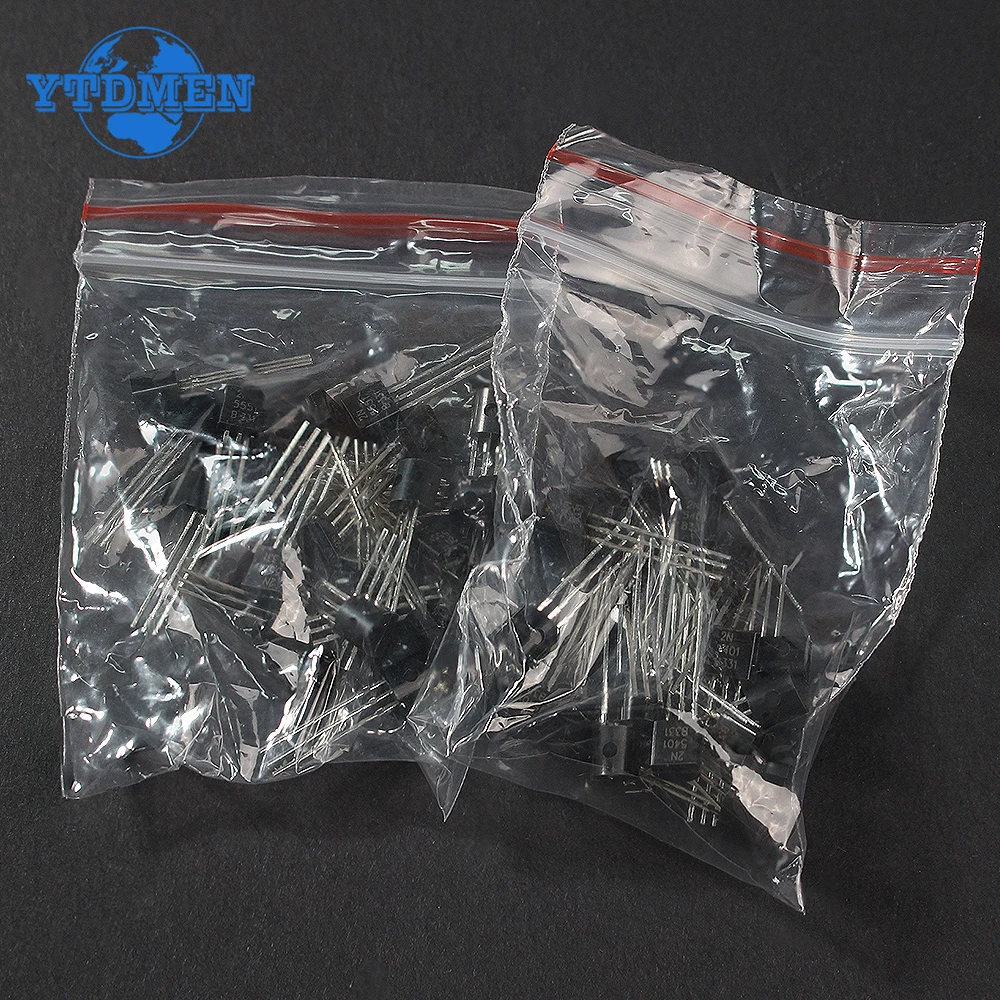 Conjunto de componentes eletrônicos, Transistor Transistor, Kit, NPN, PNP, 2N5551, 2N5401, TO-92, 50Pcs