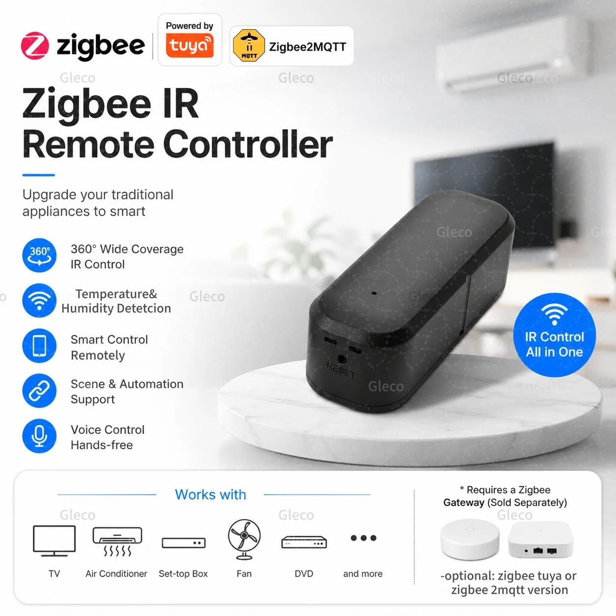 

Zigbee IR Remote Control Temperature Humidity Sensor Universal Infrared Controller For TV DVD AUD AC 2MQTT TUYA Smart Life Hub