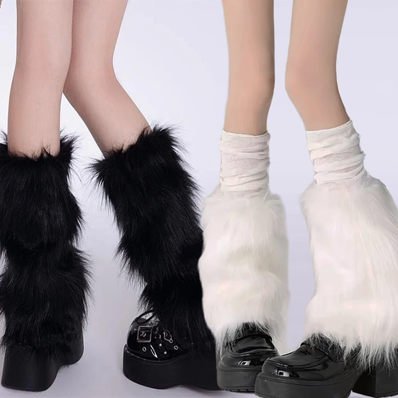 1/2Pairs Lolita Leg Warmers Women Furry Autumn Winter Artificial Fur Plush Long Sock Girls Fashion Japanese Knee-length Stocking