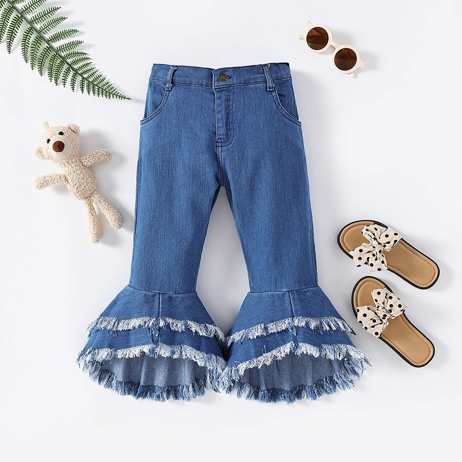 

Children Charming Trendy Denim Jeans with Double Layer and Frayed Edge Suitable Girls Spring Autumn Versatile Wardrobe Essential