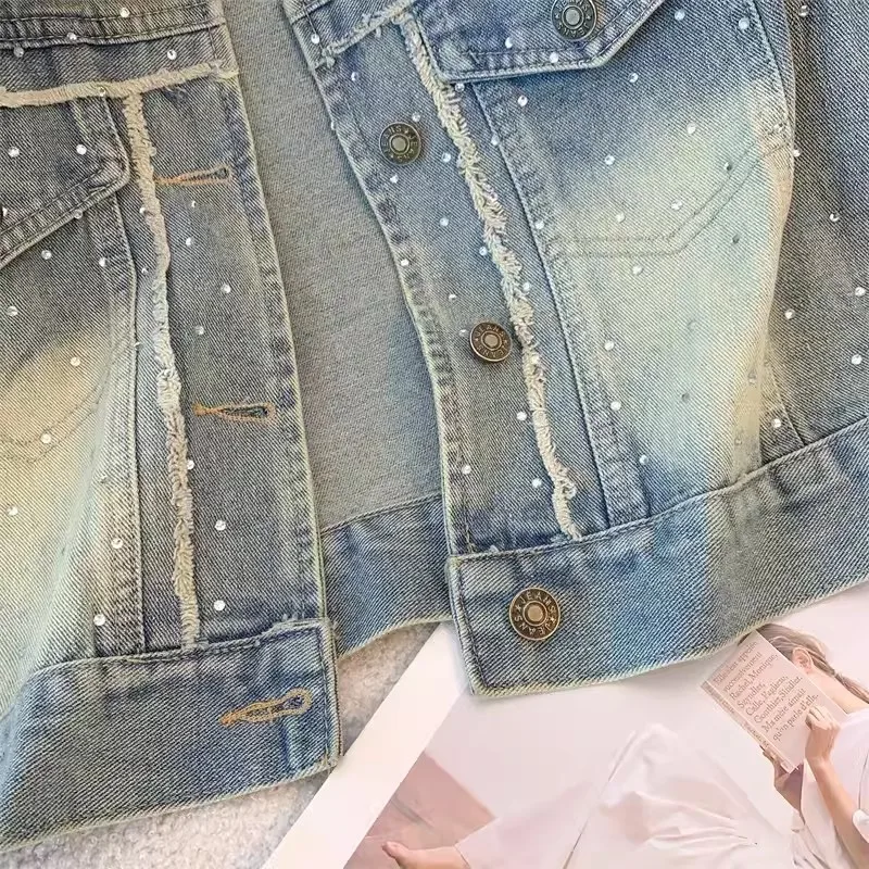 2024 Summer Women New Frayed Burrs Diamond Short Cowboy Waistcoat Light Blue Slim Lapel Sleeveless Denim Vest Female Basic Coat