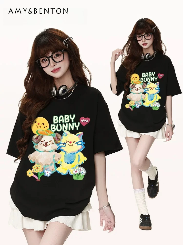 

Новая летняя свободная повседневная универсальная футболка с милым забавным мультяшным принтом, розового, черного, синего, абрикосового, серого цветов, с круглым вырезом и короткими рукавами