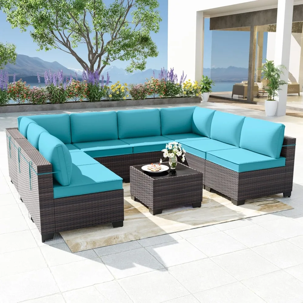 

9 Pieces Patio Furniture Set, Rattan Wicker Outdoor Conversation Sets w/4 Inch Cushion and Glass Coffee Table(Blue)