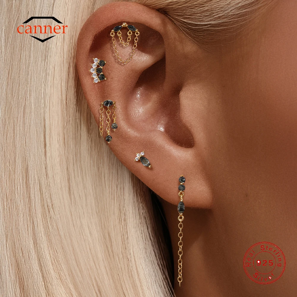 

CANNER 1PC Natural Black Hair Quartz 925 Sterling Silver Black Hair Quartz Tassel Puncture Earring For Women Geometric Earring
