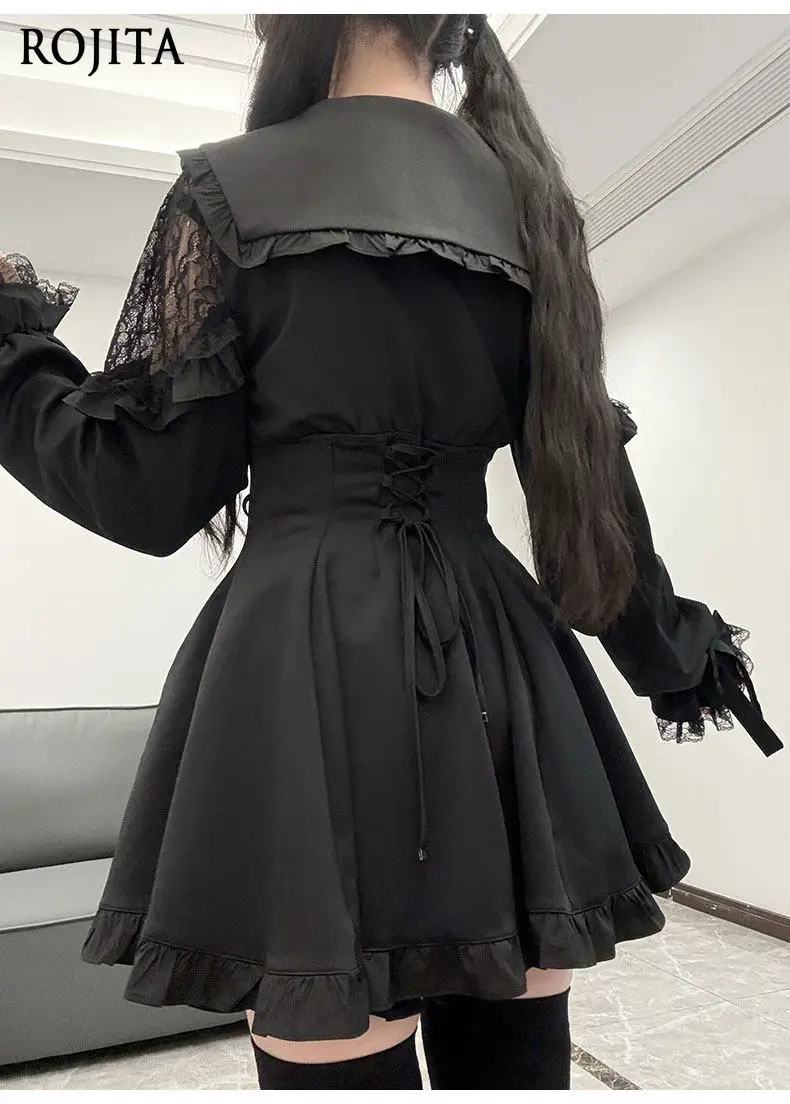 

Lolita Fashion Sets Lace Black Panelled Sailor Neck Long Sleeves Waist-cinching Lace Dress and Shorts + Bow Tie