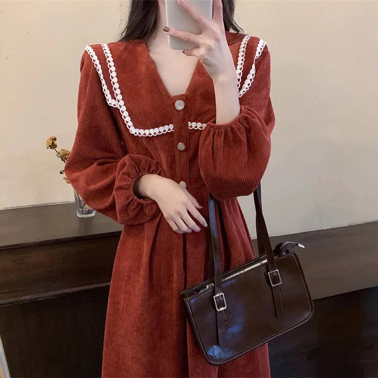 Vintage Corduroy Folds Dresses Woman French Temperament Midi Dress Women 2023 Autumn Winter Lace-Up Waist Long Sleeve Clothes