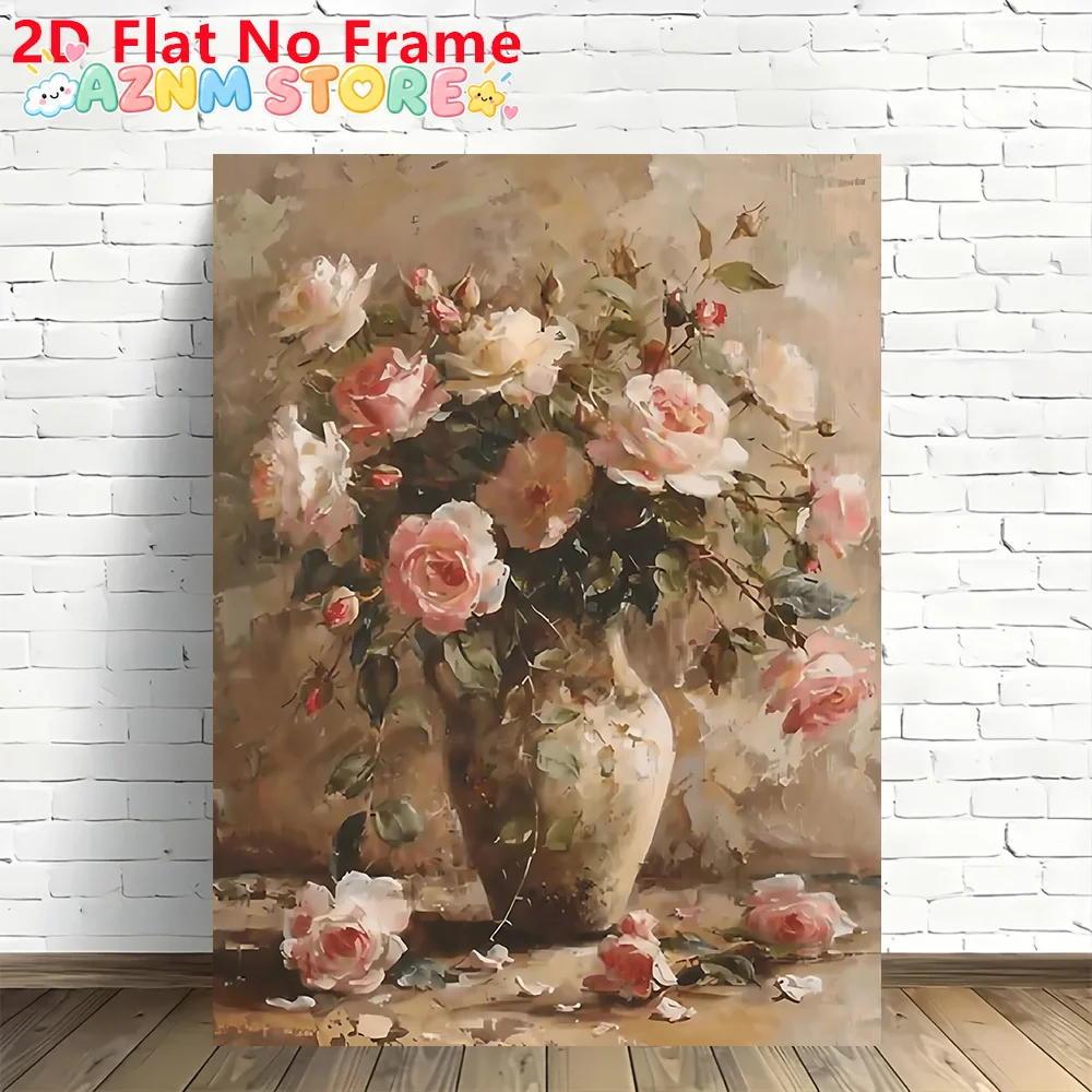 2027  1pc Vintage Vase Oil Painting Canvas Print - Roses & Peonies Suitable for Home Wall Decor, Rustic Art, Timeless Unframe