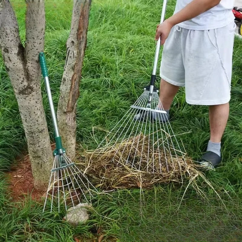 Telescopic Wire Rake with Aviation Aluminum Handle Grass Rake Weeding Tool Garden Lawn Beach Yard Cleaning Supplies