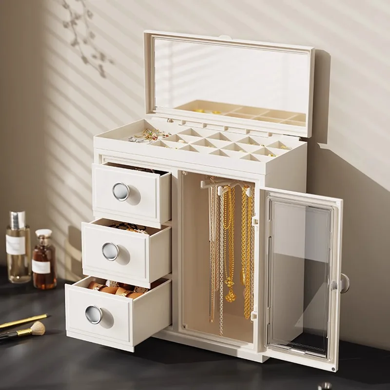 Drawer Jewelry Storage Box Large Mirror Jewellery Boxes Transparent Earrings Bracelet Rings Jewelry Case Necklace Hook Holder