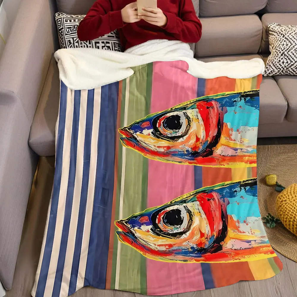Rainbow Fish Flannel Blanket Warm Soft Halloween Christmas Decorative Couch Warm Cozy All-Season Gift