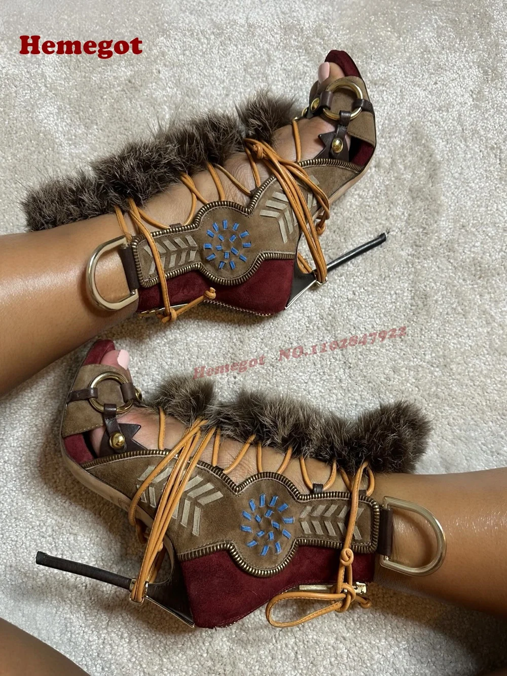 

Plush Women's Short Boots Sandals Fashion Show Stiletto High Heels Open Toe Strap Cross Tied Lace-Up Splicing Women's Sandals