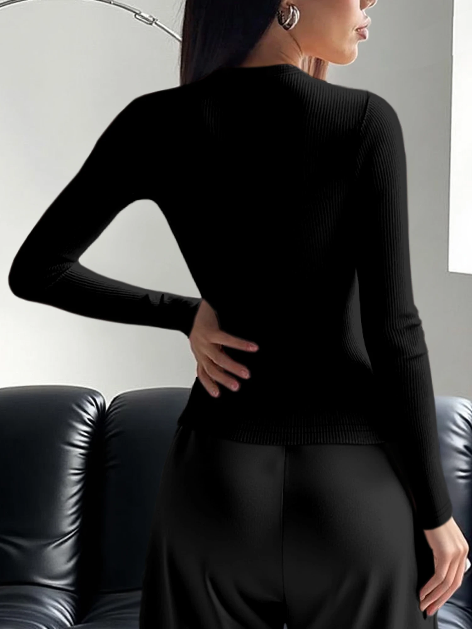 Täglich tragbares Damen-Rippenstrick-Oberteil mit Rundhalsausschnitt und langen Ärmeln, einfarbig, schmal geschnitten, weich, dehnbar, passendes T-Shirt – Detail 13