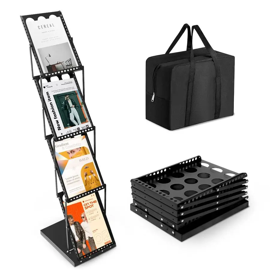 

Складная подставка для литературных брошюр, 4 кармана, напольная полка для журналов с сумкой для переноски для офиса выставок торговых шоу, тайской