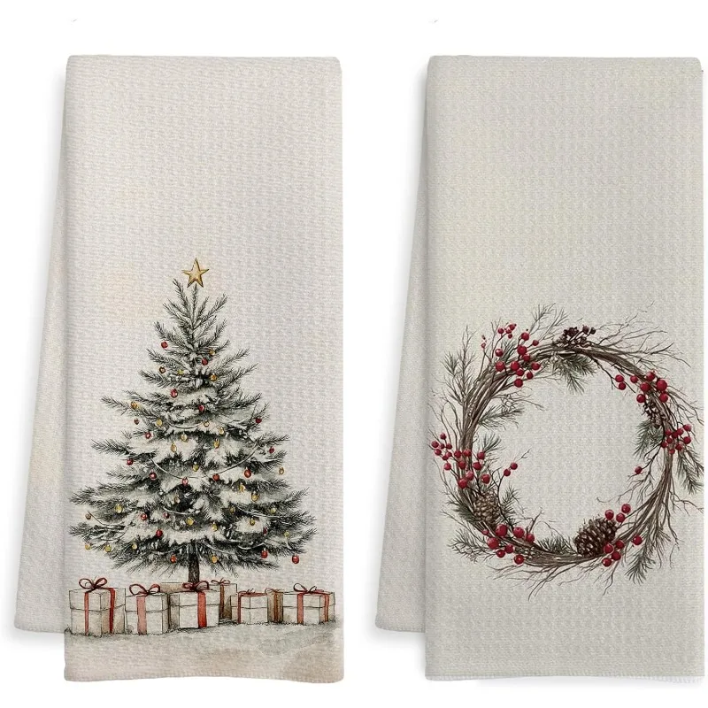Pack of 2 Light Linen Grey Brick Red Berry Vintage Christmas Kitchen Towel