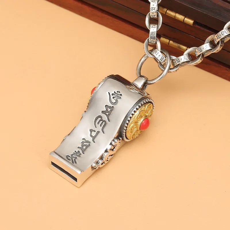 

Necklace men's ring rotating whistle pendant s925 sterling silver six words mantra whistle personality retro lucky