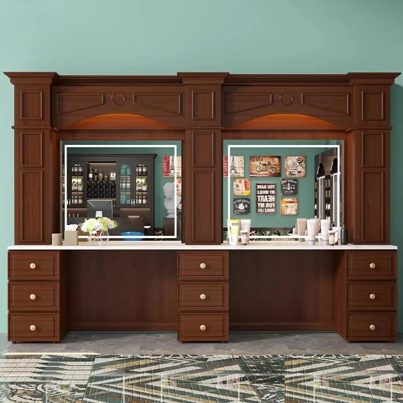 Retro Two-seater Barber Station Brown Barber Modeling Station With Mirror Black Modern Luxury White MIrror Hair Salon Furniture
