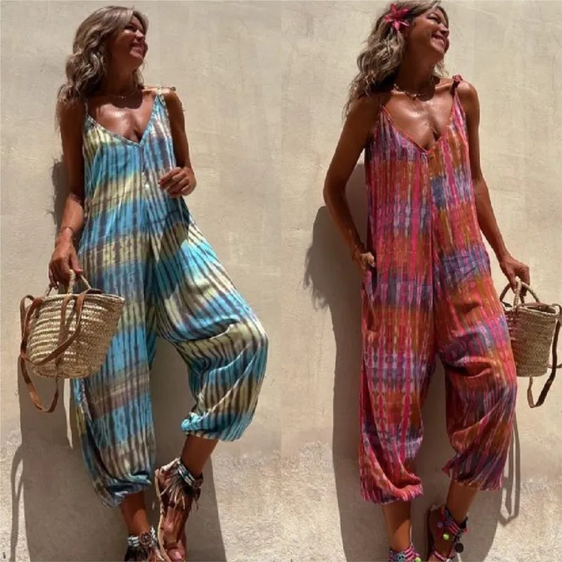 

Летний женский сексуальный камзол с v-образным вырезом, модный свободный комбинезон на шнуровке с принтом, повседневный пляжный полосатый комбинезон без рукавов
