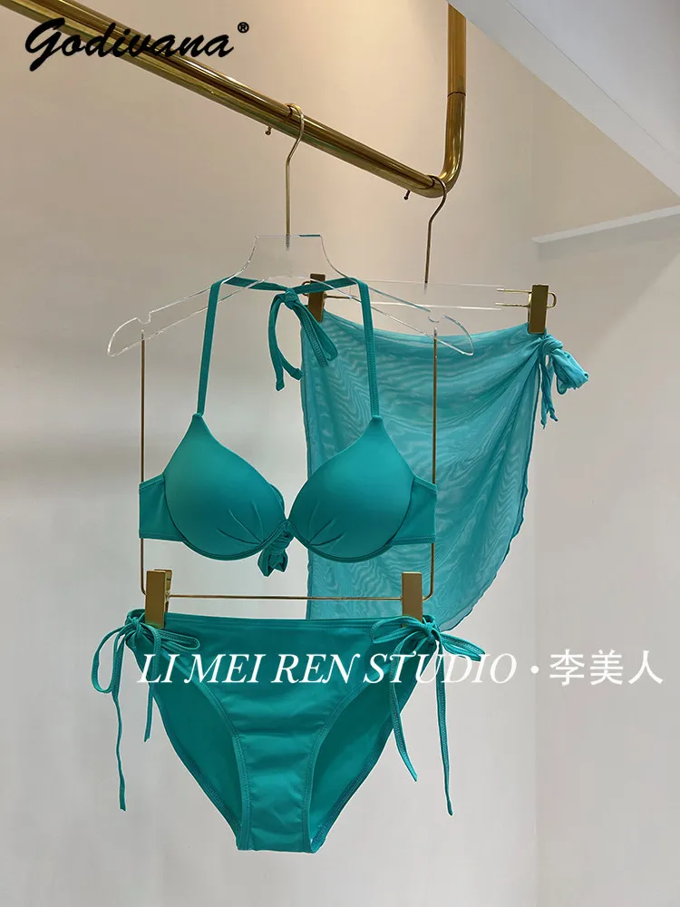 Solid Color 3‑Piece Bikini Set Underwire Push‑Up Padded Three‑Point Bathing Suit Women's Sexy Swimwear