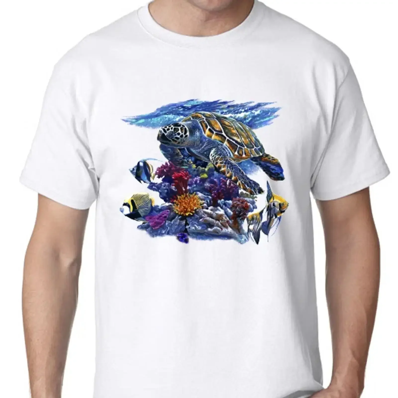 Sea Turtle underwater fish Coral reef Ocean Beach T shirt vintage Washed streetwear Top For Everyday Wear Stretched Slightly