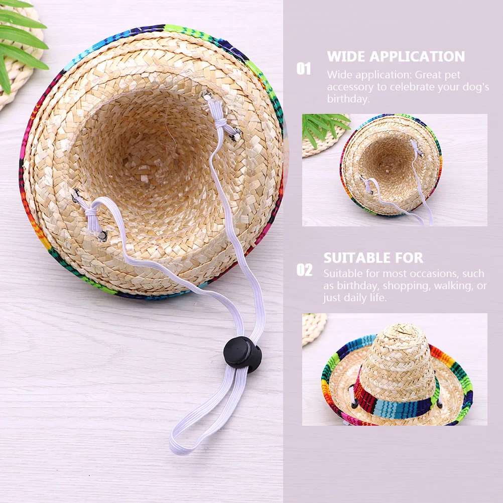 

2 pcs Dog Sombrero Hats Colorful Brim Pet Costume Mexican Party Supplies Birthday Photography Prop Straw Woven Sun Hat Dog