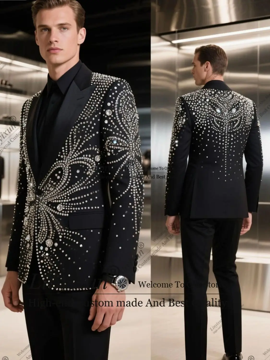

Luxury Metallic Crystals Shawl Lapel Men Suit 2 Pieces Sets Groom Party Blazers Customized Wedding Tuxedo Slim Fit Ropa Hombre