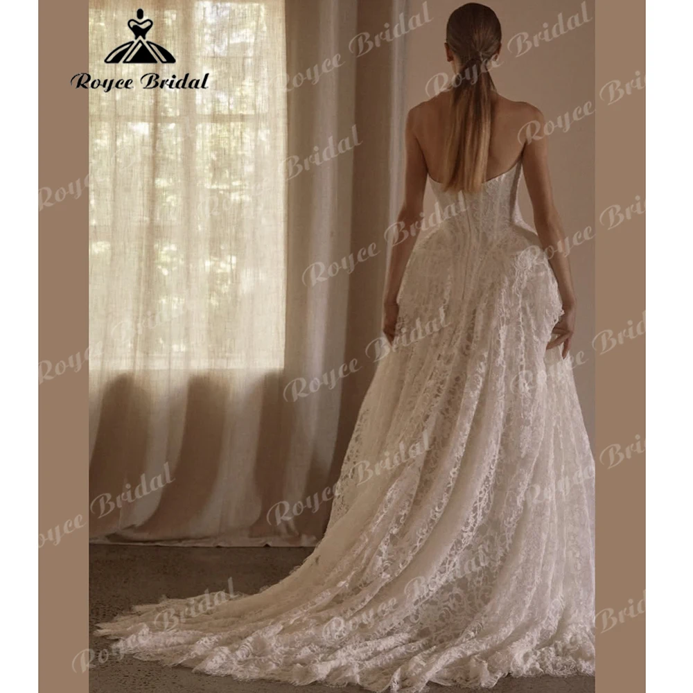 Strapless Vintage Lace A-Line Wedding Dress with Corset V-Neck Lace-Up Back Custom Bridal Gown