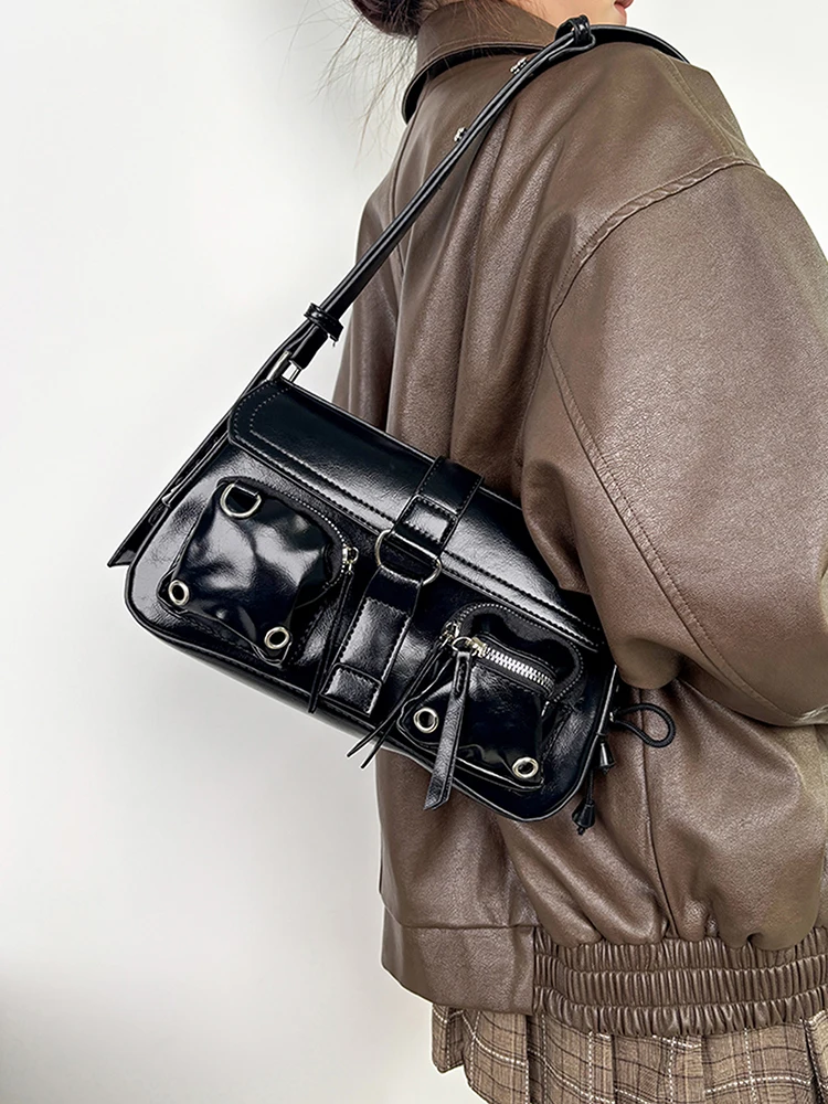 

2025 new black motorcycle bag shoulder bag armpit bag French stick bag fashionable casual women's daily commuting women's bag