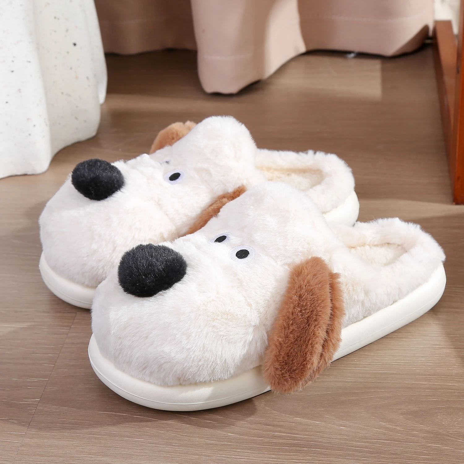 New Winter Unisex Cartoon Dog Warm Plush Slippers Couple's Indoor Non-slip House Mule Men And Women Toe Wrap Home Cotton Shoes