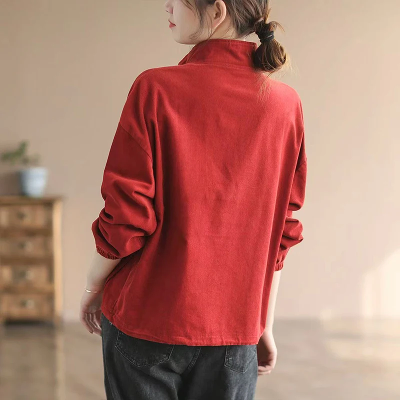 Autumn Korean Fashion New Sports Chic Vintage Casual Shirt Women Young Style Solid Color Long Sleeve High Neck Pocket Button Top