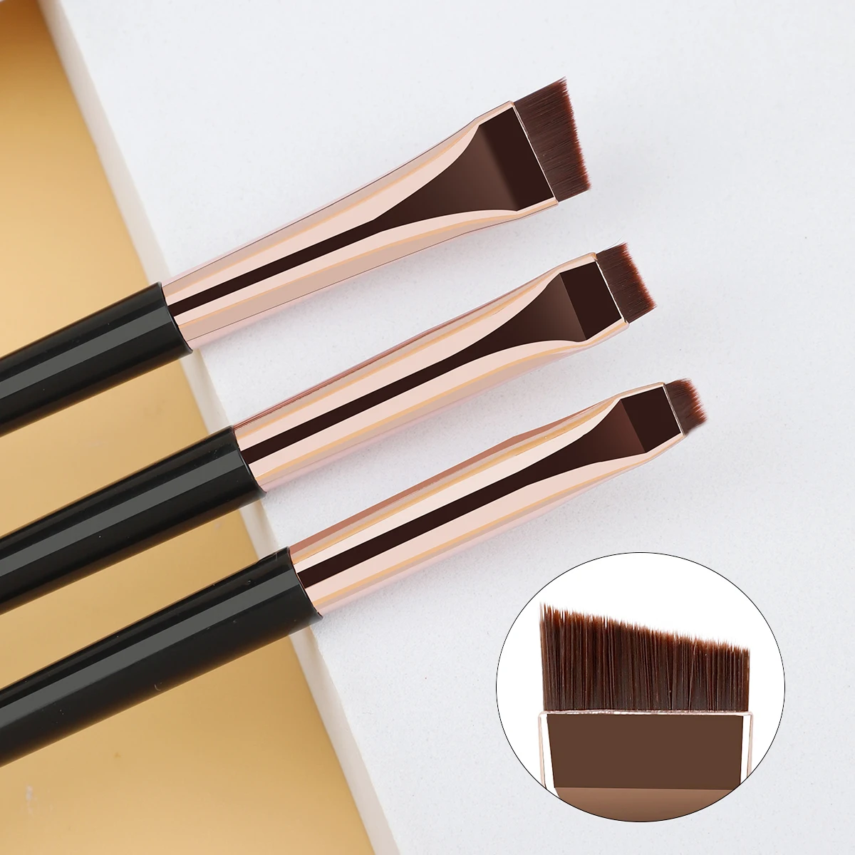 Makeup Beauty Ro - ชุดแปรงเขียนอายไลเนอร์ 3 ชิ้น แบบมืออาชีพ แปรงเขียนคิ้วแบบหัวตัดเฉียงบางพิเศษ แปรงเขียนคิ้วแบบแบนเฉียง