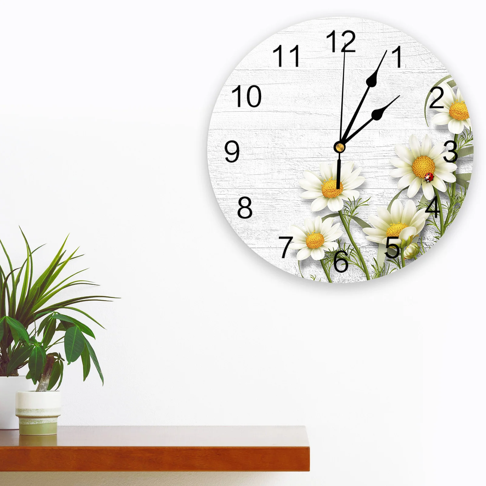 Wood Grain Chrysanthemum Core Leaf Ladybug Large Wall Clock Dinning Restaurant Cafe Decor Round Wall Clocks Home Decoration