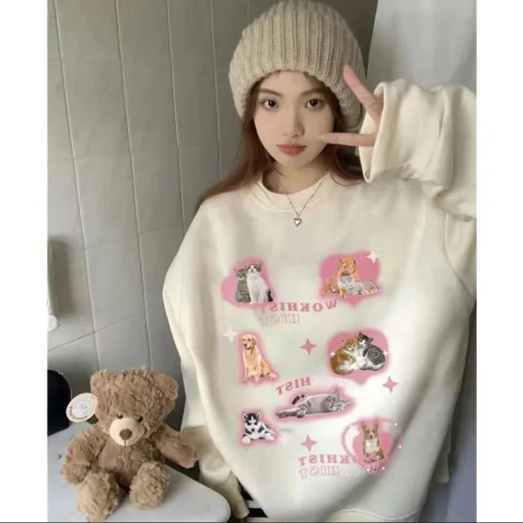 Sweet Cartoon Cat  Sweatshirt Mujer Autumn/winter O-neck Thicked Warm Sweatshirts Y2k Grunge Long Sleeve Loose Tops Women