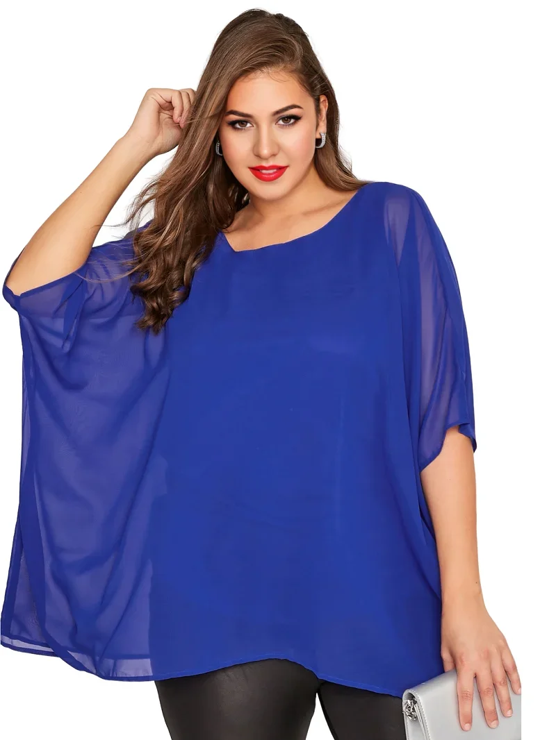 Blusa de batwing de manga chiffon feminina, camisa tamanho grande, gola redonda, grande, casual, túnica, elegante, verão, 5XL