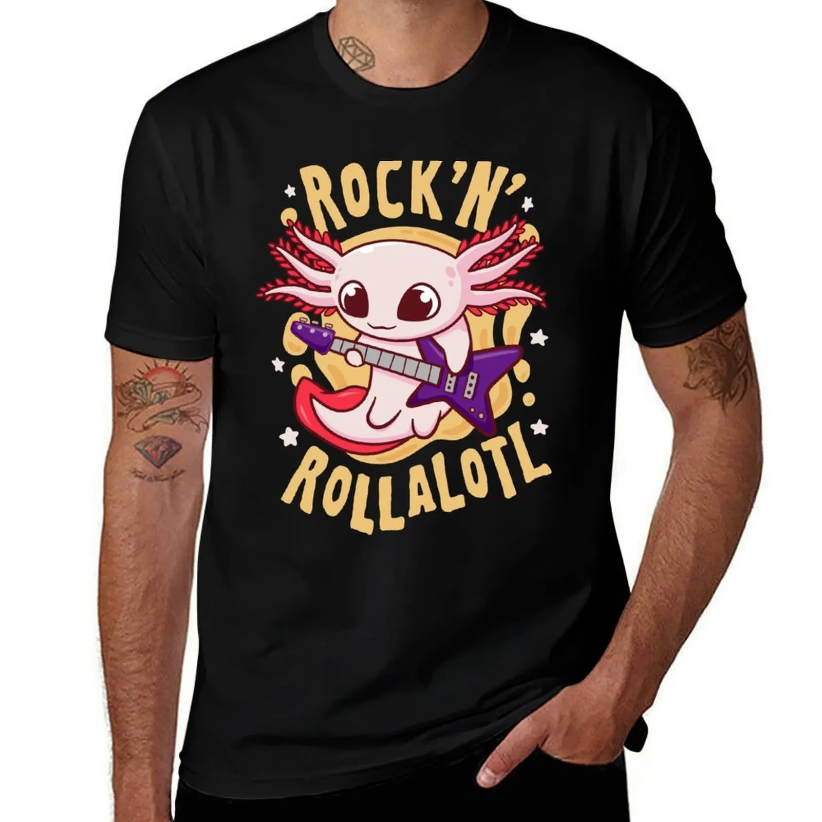 Funny Rock Guitar Kawaii Axolotl - Cute Music Lover Salamander T-Shirt Festive Simple T-Shirt