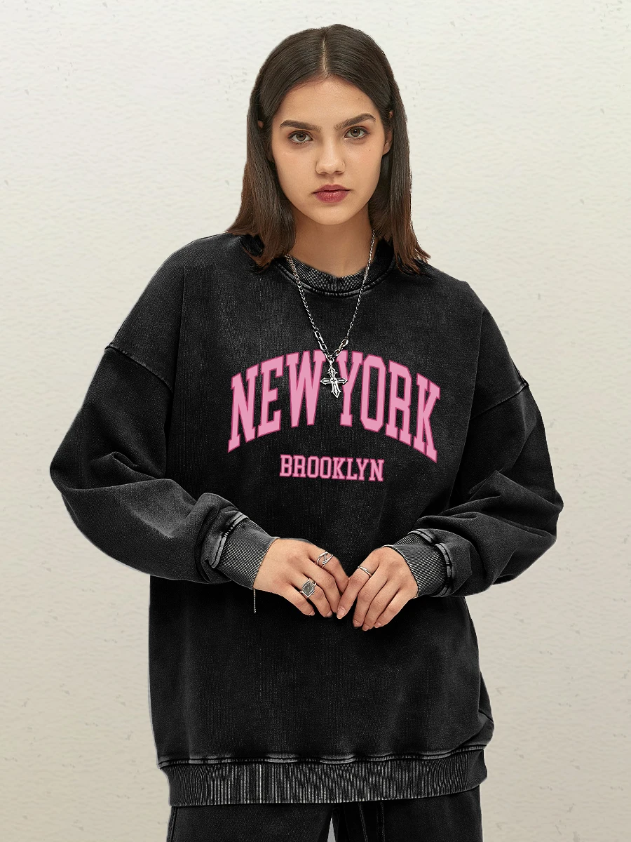 Pink Letter New York Brooklyn Printed Women Sweatshirt Fashion Washed Pullovers Loose Cotton Top Hip Hop Couple Female Clothing