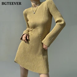 BGTEEVER Elegant O-neck Slim Waist Ladies Knitted Mini Dress Autumn Winter Long Sleeve Sweater Dress for Women