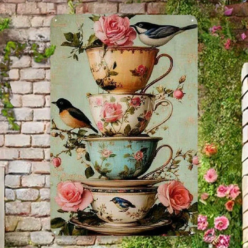 Arte de Pared Metálico Vintage con Colibrí y Flores - Letrero Rústico de Pájaro con Taza de Té para Hogar, Oficina, Cafetería, Biblioteca, Estilo Granja
