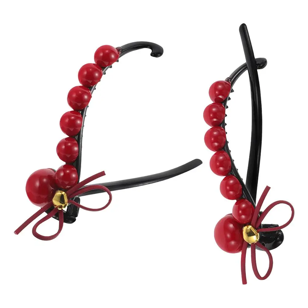 

2Pcs Red Bead Bow Twist Hair Clips for Back Head Bun Stylish Hair Accessories Plastic Ribbon Claw Clips for Women Girls