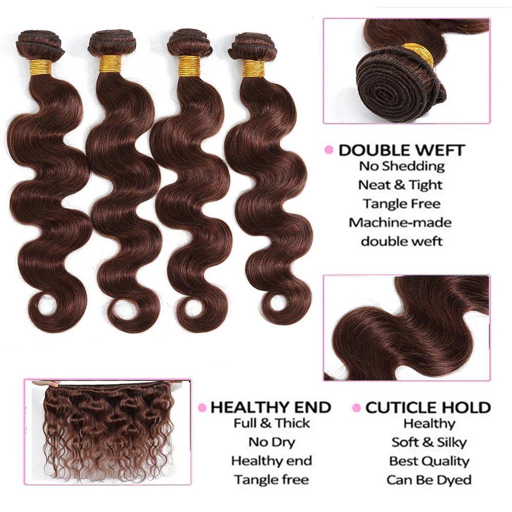 Chocolate Brown Human Hair Bundles With Closure #4 Colored Human Hair Body Wave Bundles With 13x4 Lace Frontal Closure Extension