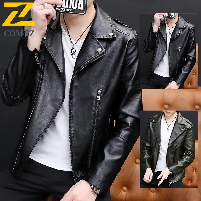 

COMXZ Men Autumn Zipper Leather Jacket Thickened Outdoor Riding Wind Resistant Motorcycle Coat Casual Everyday Style Clothing