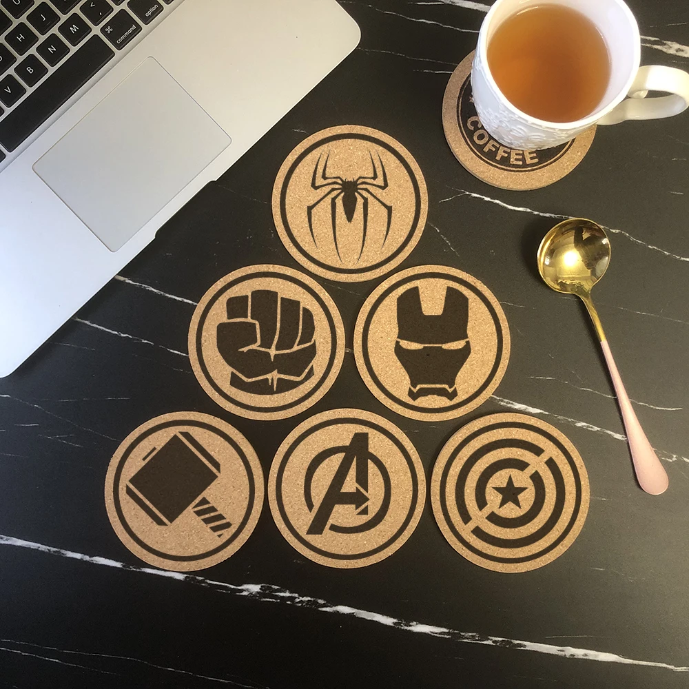 Fashion Round Cork Coaster Engraved Marvel Hero Iron Man Coffee Mug Drinks Holder for Kitchen Natural Wooden Mat Tableware