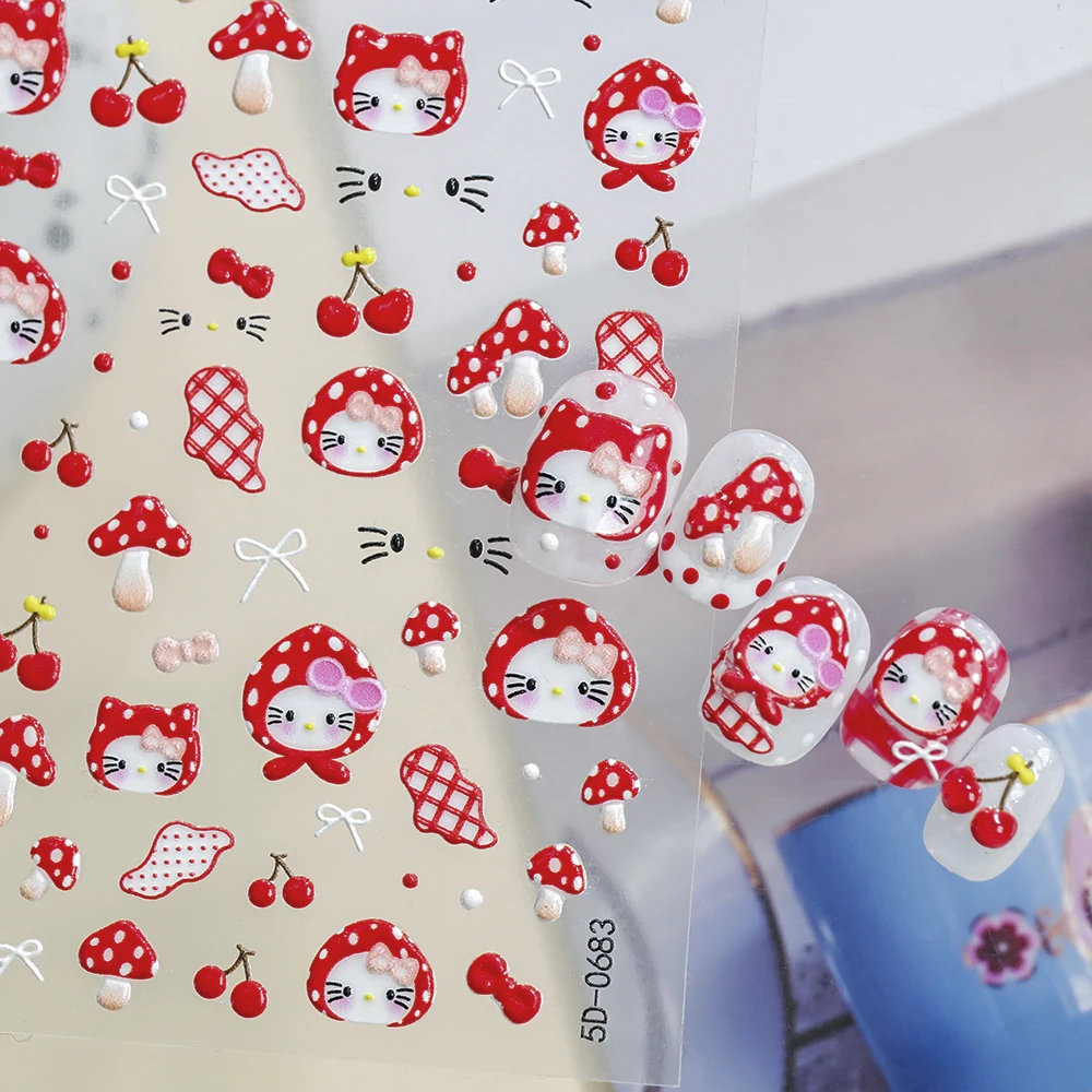 5D漫画帽子レッドチェリーキティキャットネイルアートステッカーかわいいチェリー＆マッシュルームハローキティネイルデカール自己粘着帽子KTスライダー